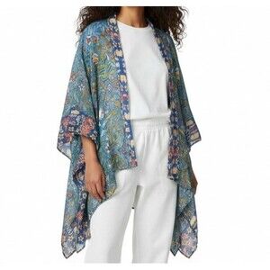 Soft Surroundings Open Front Floral Drape Chiffon Kimono Women OS Blue Cardigan